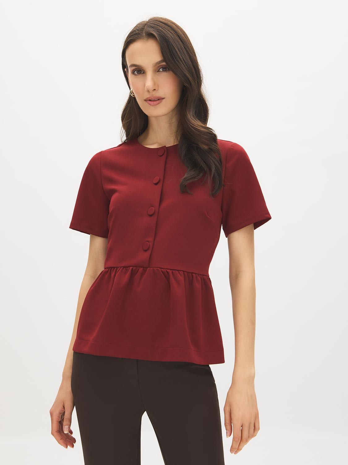 Syrah Button Front Peplum Crepe Top - Woman Wearing Short Sleeve Knit Top - Suzy Shier
