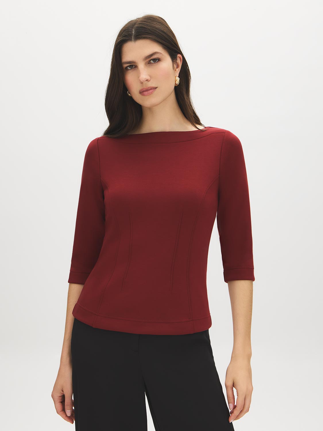 Syrah 3/4 Sleeve Boat Neck Fitted Top - Woman Wearing Elegant Knit Top - Suzy Shier