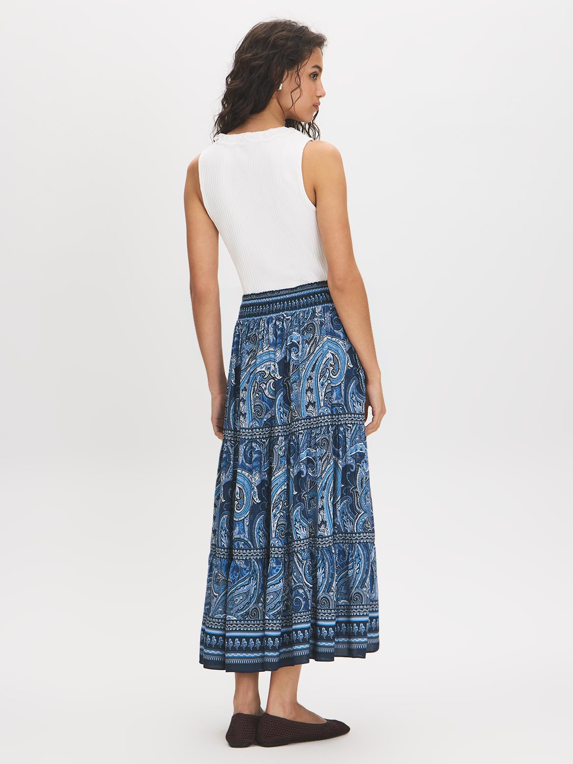 Paisley Placement Print Smocked Waist Maxi Skirt - Woman Wearing Tiered Maxi Skirt - Suzy Shier