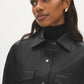 Black Textured Faux Leather Jacket with Patch Pockets - Collar Detail - Suzy Shier