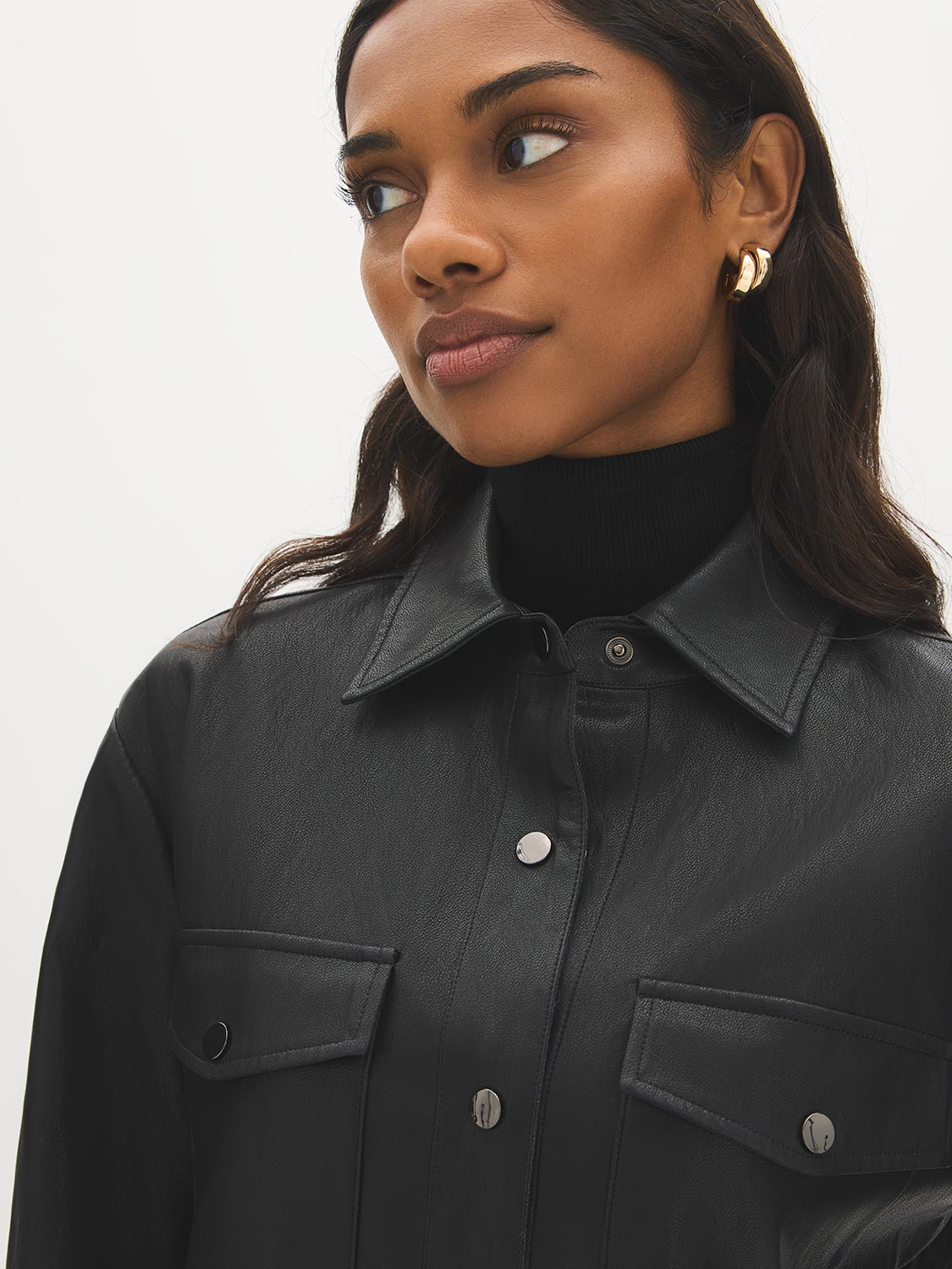 Black Textured Faux Leather Jacket with Patch Pockets - Collar Detail - Suzy Shier