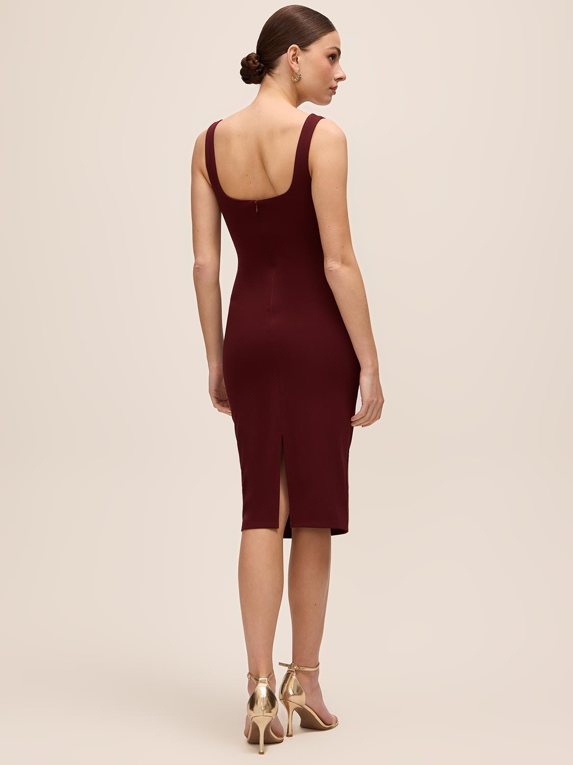 Bordeaux Knit Crepe Scoop Neck Midi Dress - Back View - Le Chateau