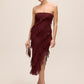 Bordeaux Strapless Mesh Midi Dress with Asymmetrical Ruffles - Woman Wearing Evening Dress with Side Slit - Le Chateau