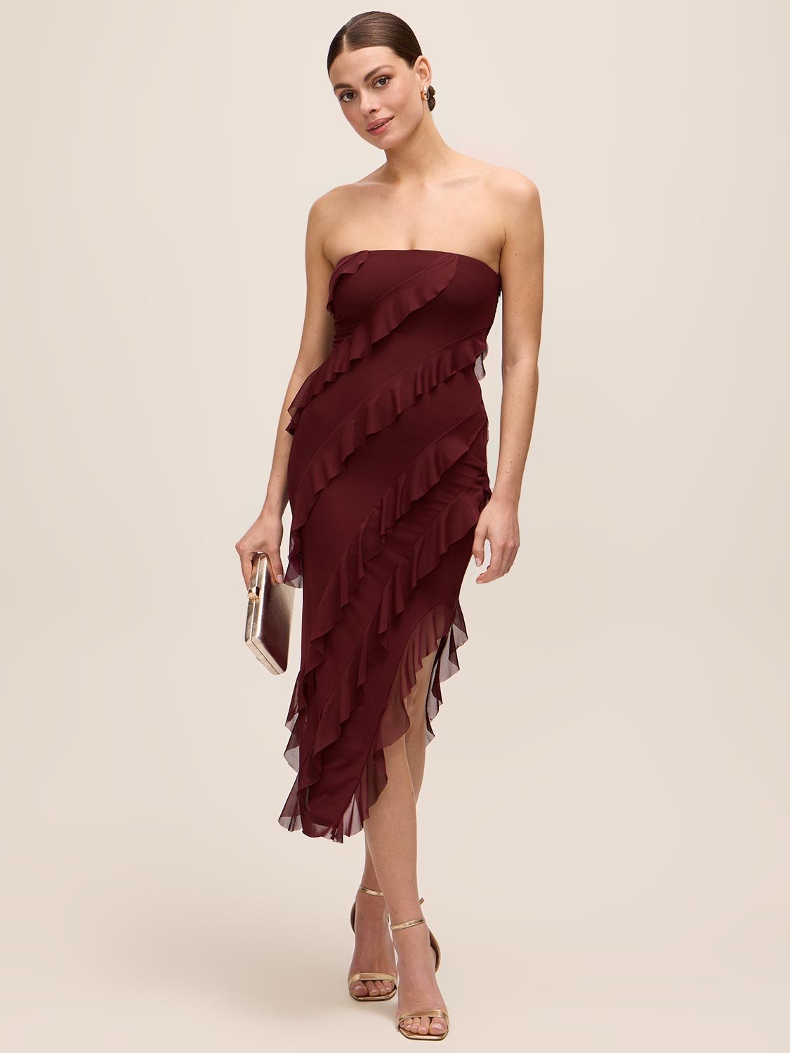 Bordeaux Strapless Mesh Midi Dress with Asymmetrical Ruffles - Woman Wearing Evening Dress with Side Slit - Le Chateau