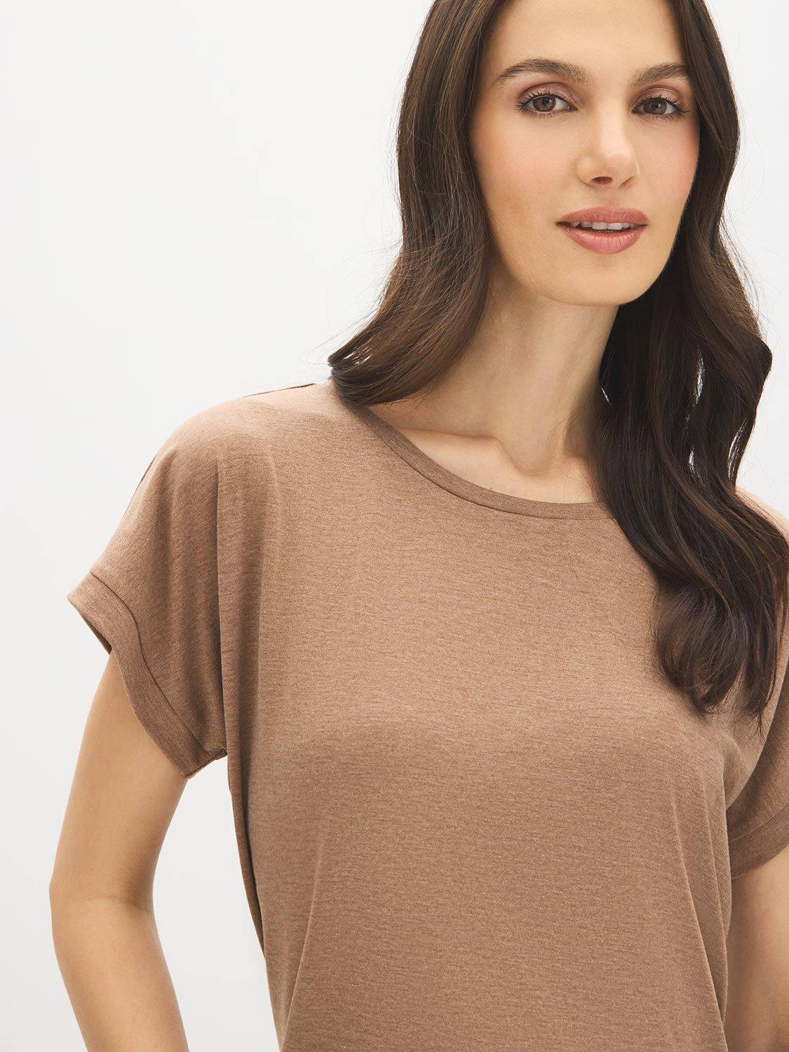 Brown Melange Striped Dolman Sleeve Knit Top - Close-up Fabric Detail - Suzy Shier