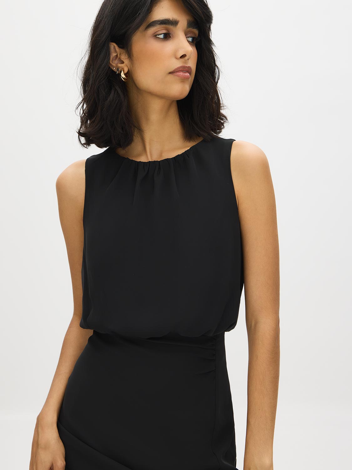 Black Blouson Top Dress with Front Slit - Front View - Suzy Shier