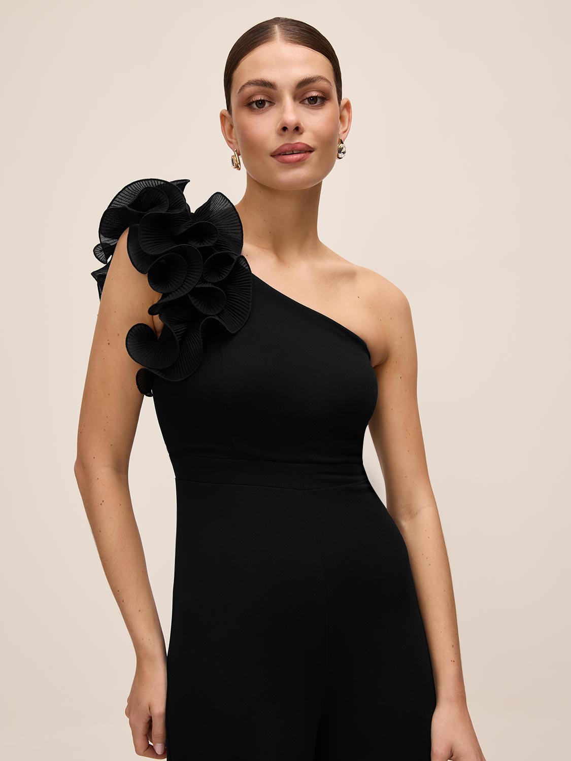 Black One-Shoulder Jumpsuit with Chiffon Ruffle Detail - Front View - Le Chateau