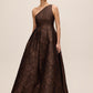 Mocha One-Shoulder Jacquard Floral Gown - Full Front View - Le Chateau