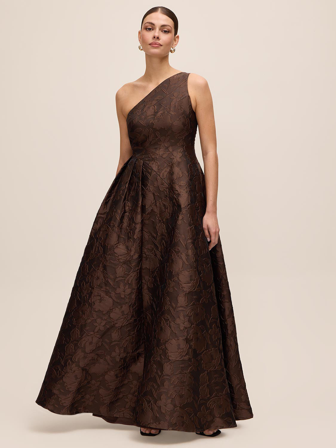Mocha One-Shoulder Jacquard Floral Gown - Full Front View - Le Chateau