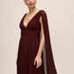 Bordeaux V-Neck Pleated Chiffon Gown - Side Profile with Cape - Le Chateau