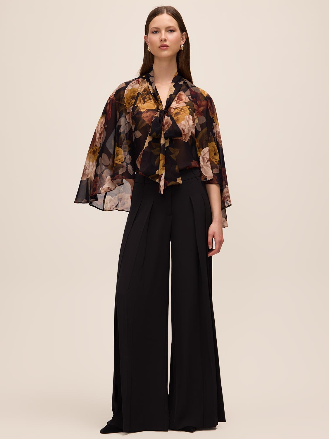 Dijon Print Floral Tie Neck Cape Top - Full Body View - Le Chateau