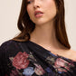 Black Floral Asymmetrical Neckline Sheath Dress - Close-up Neckline Detail - Le Chateau
