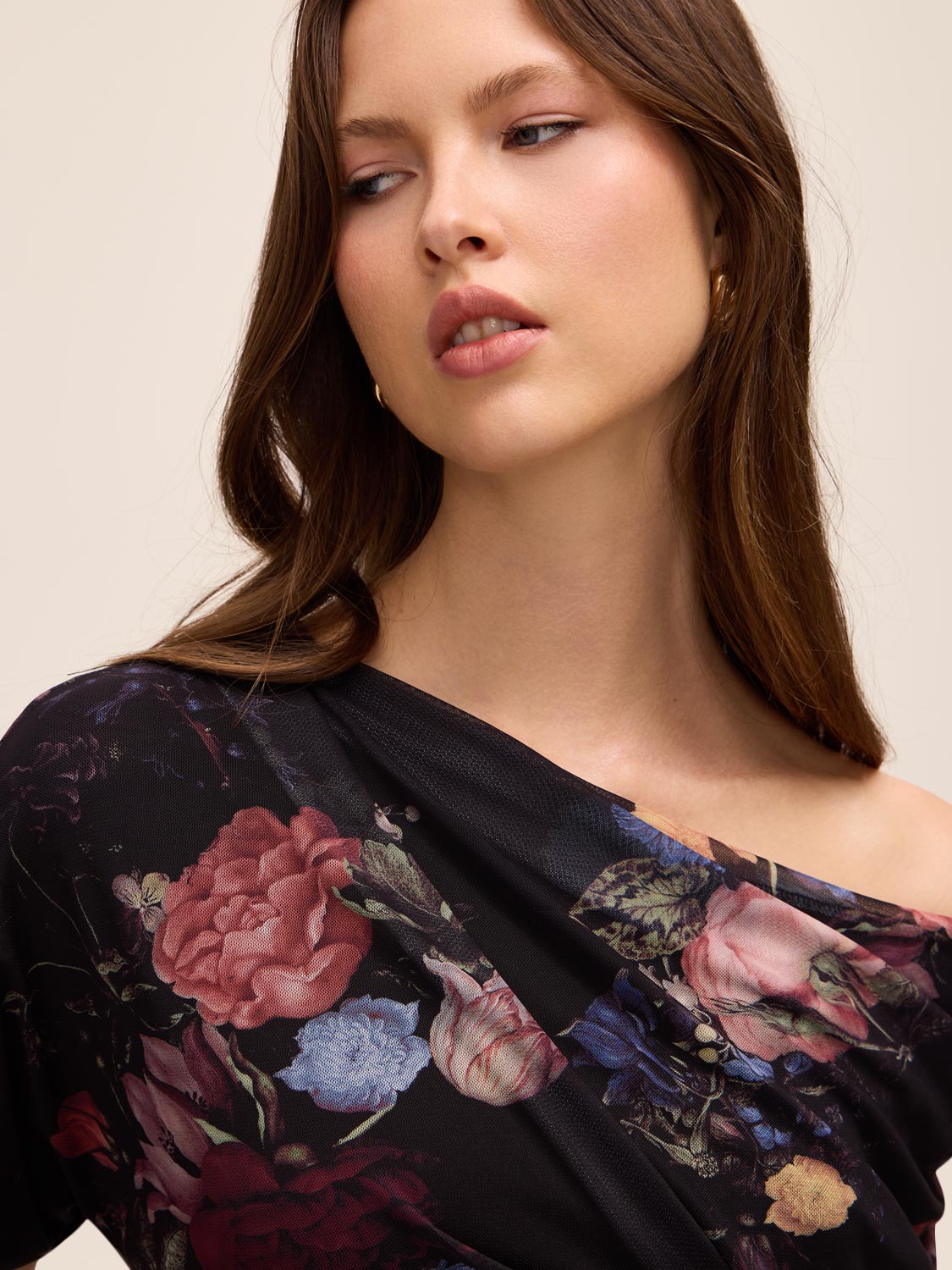 Black Floral Asymmetrical Neckline Sheath Dress - Close-up Neckline Detail - Le Chateau