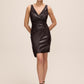 Espresso Crossover Pleated Faux Leather Dress - Front View - Le Chateau