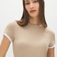 Coffee Bean and White Double Layer Crew Neck Top - Close-up Front View - Suzy Shier