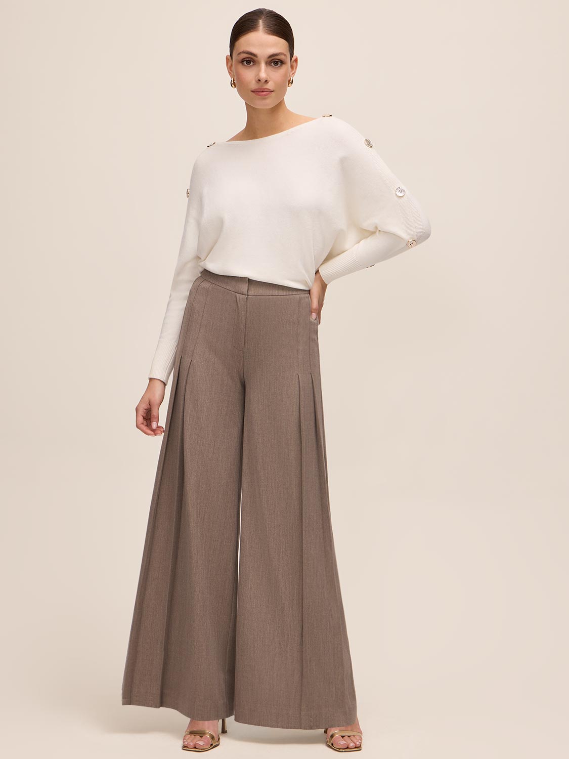 Off White Dolman Sleeve Sweater with Gold Buttons - Side Profile View - Le Chateau