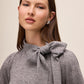 Grey Mix Tie Neck Short Sleeve Knit Sweater - Close-up Tie Detail - Le Chateau