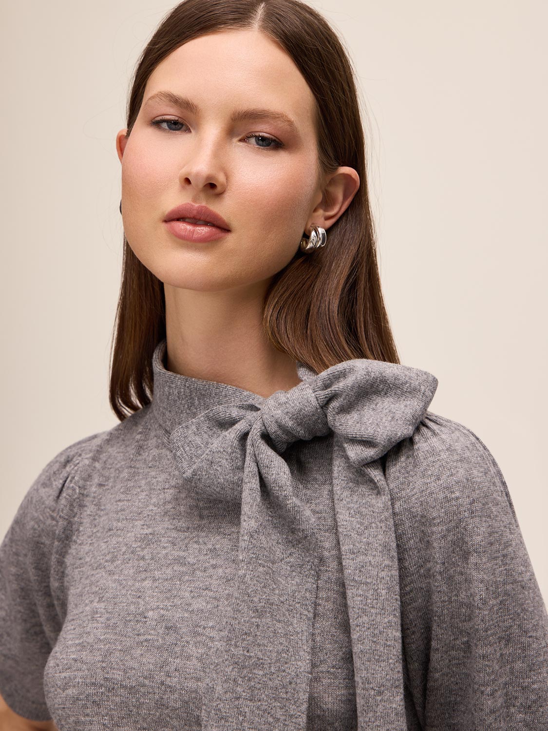 Grey Mix Tie Neck Short Sleeve Knit Sweater - Close-up Tie Detail - Le Chateau