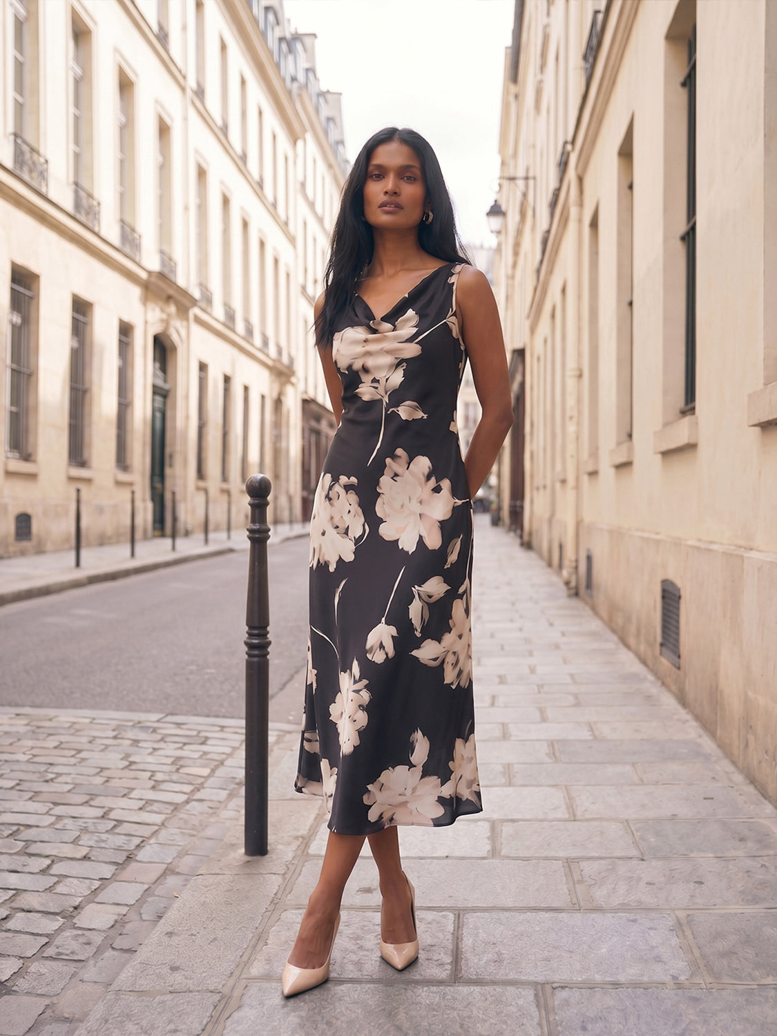 Black Floral Cowl Neck Satin Dress - Back View - Suzy Shier