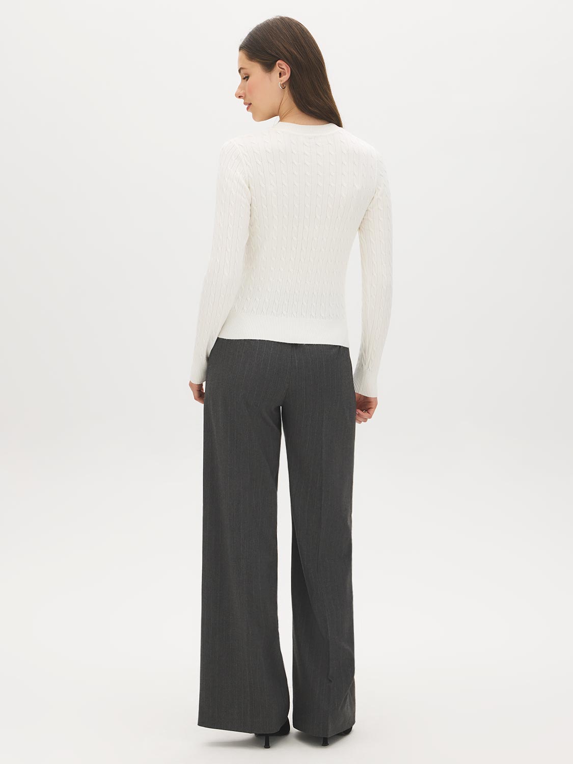 Snow White Cable Knit Crew Neck Sweater - Back View - Suzy Shier
