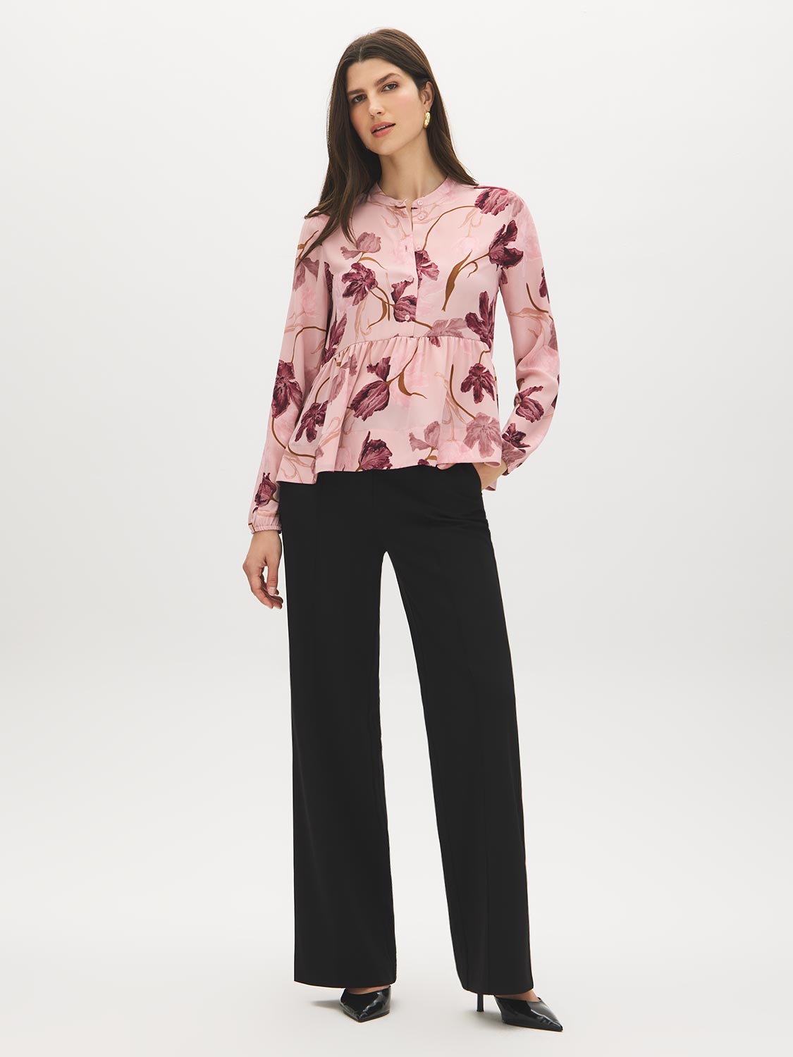 Dusty Pink Multi Chiffon Peplum Blouse - Front View - Suzy Shier