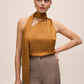Dijon Fringe Scarf Satin Top - Woman Wearing Textured Evening Blouse - Le Chateau