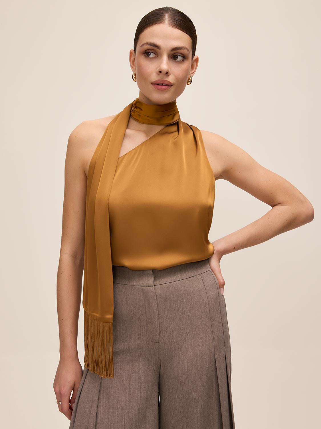 Dijon Fringe Scarf Satin Top - Woman Wearing Textured Evening Blouse - Le Chateau