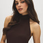 Coffee Bean Sleeveless Halter Mock Neck Top - Close-up Neckline Detail - Suzy Shier