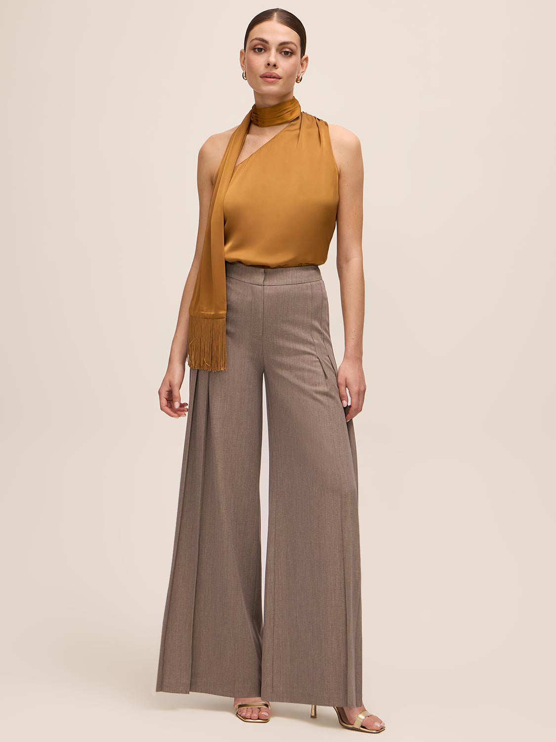 Dijon Fringe Scarf Satin Top - Full Body View - Le Chateau