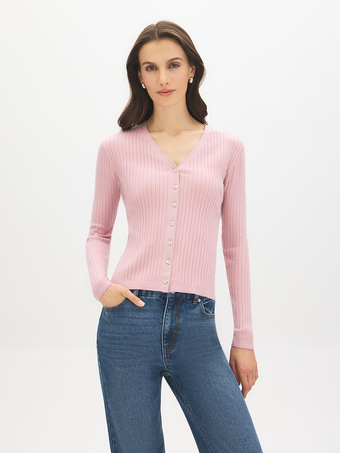 Zephyr Ribbed V-Neck Cardigan - Woman Wearing Long Sleeve Knit Sweater - Suzy Shier