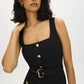 Black Belted Knit Dress with Button Detail - Close-up Front Detail - Suzy Shier