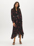Jet Black Floral Print Chiffon Dress with Asymmetrical Skirt - Front View - Suzy Shier