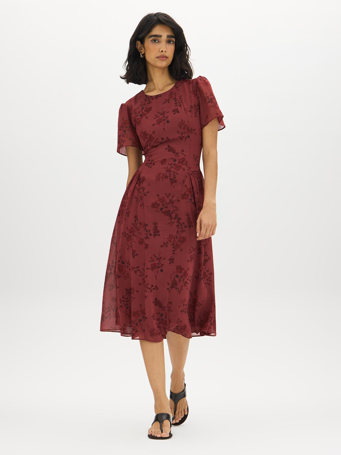 Apple Butter Floral Print Chiffon Dress - Front View - Suzy Shier