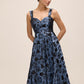 Steel Blue/Black Jacquard Floral Fit & Flare Midi Dress - Angled Front View - Le Chateau