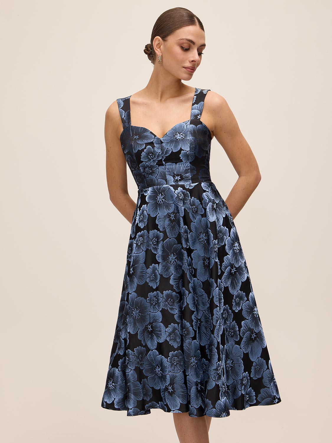 Steel Blue/Black Jacquard Floral Fit & Flare Midi Dress - Angled Front View - Le Chateau