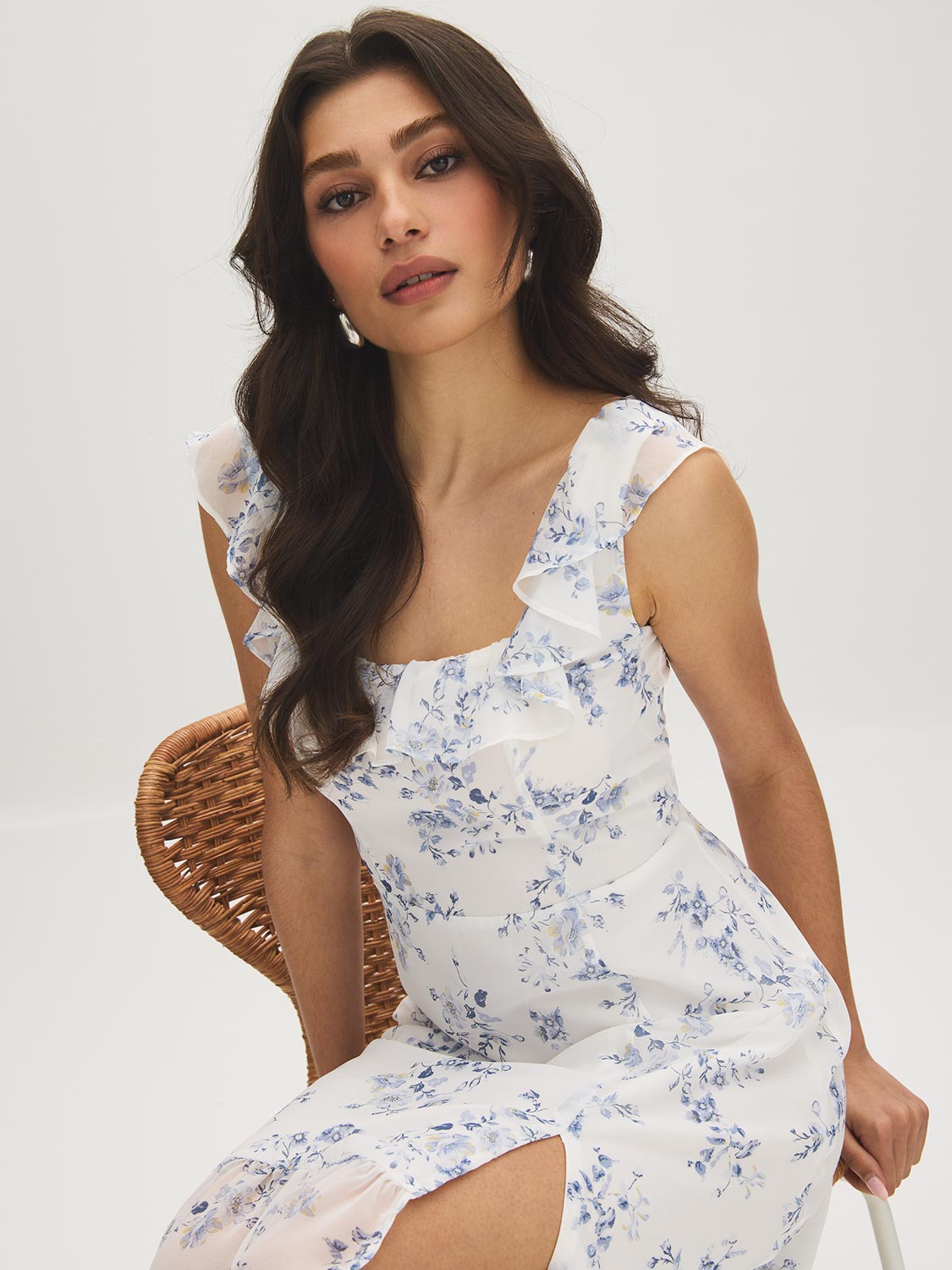 Snow White Floral Chiffon Dress with Ruffled Straps - Woman Wearing Tiered Skirt Dress - Suzy Shier