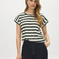 Snow White and Green Striped Dolman Sleeve Knit Top - Woman Wearing Casual Stripe Top - Suzy Shier