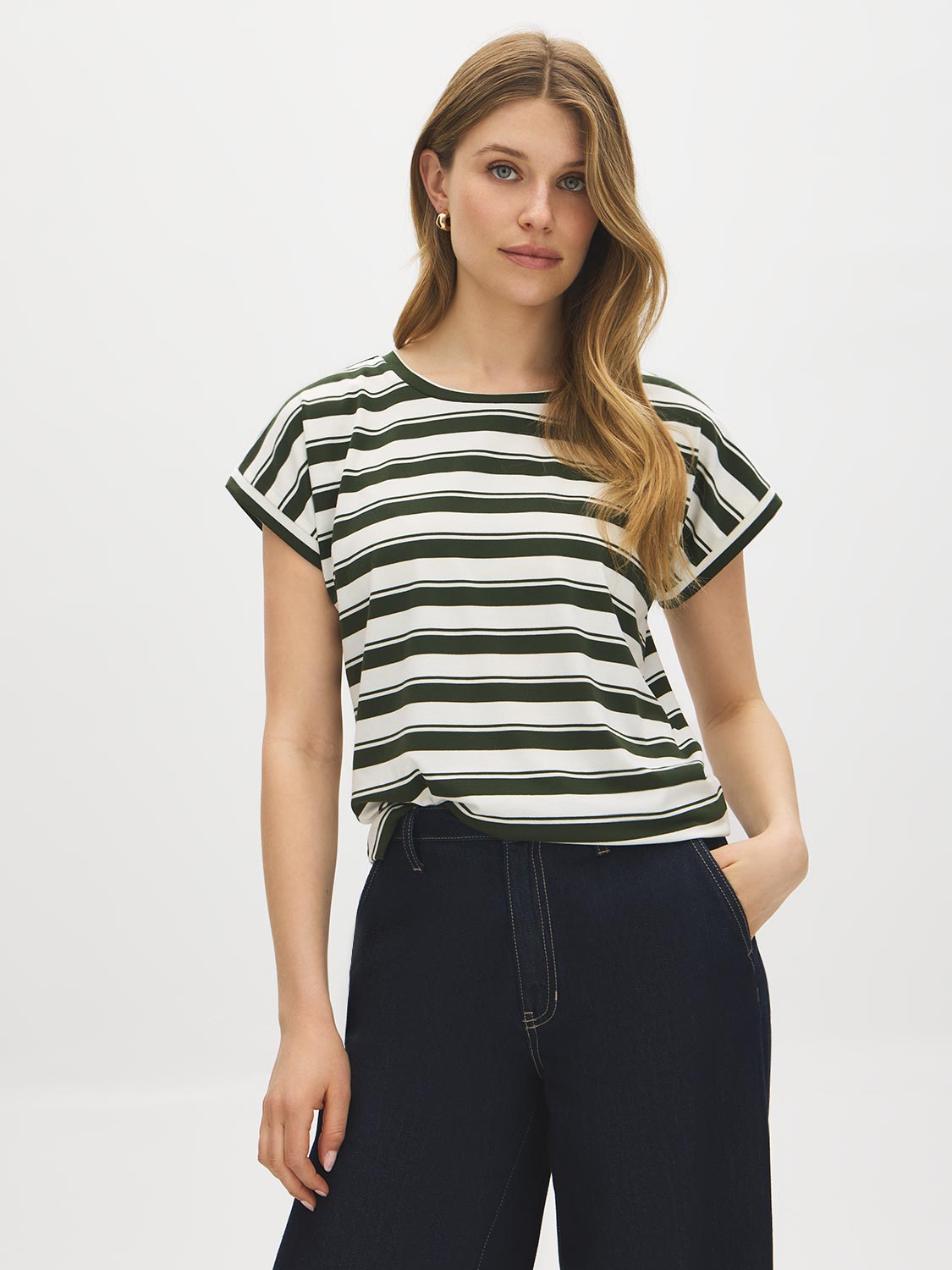 Snow White and Green Striped Dolman Sleeve Knit Top - Woman Wearing Casual Stripe Top - Suzy Shier