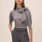 Grey Mix Tie Neck Short Sleeve Knit Sweater - Woman Wearing Cozy Knit Top - Le Chateau