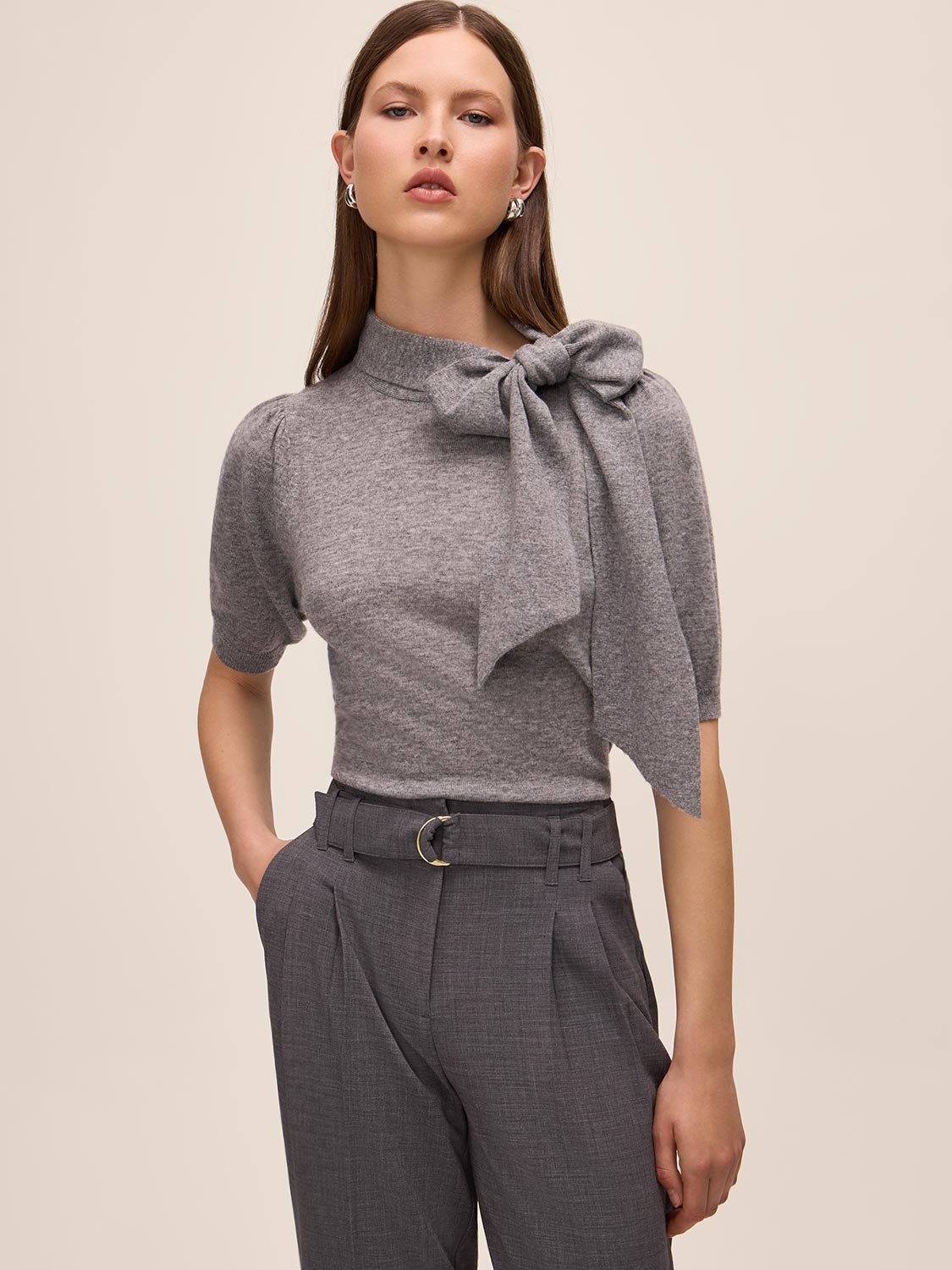 Grey Mix Tie Neck Short Sleeve Knit Sweater - Woman Wearing Cozy Knit Top - Le Chateau