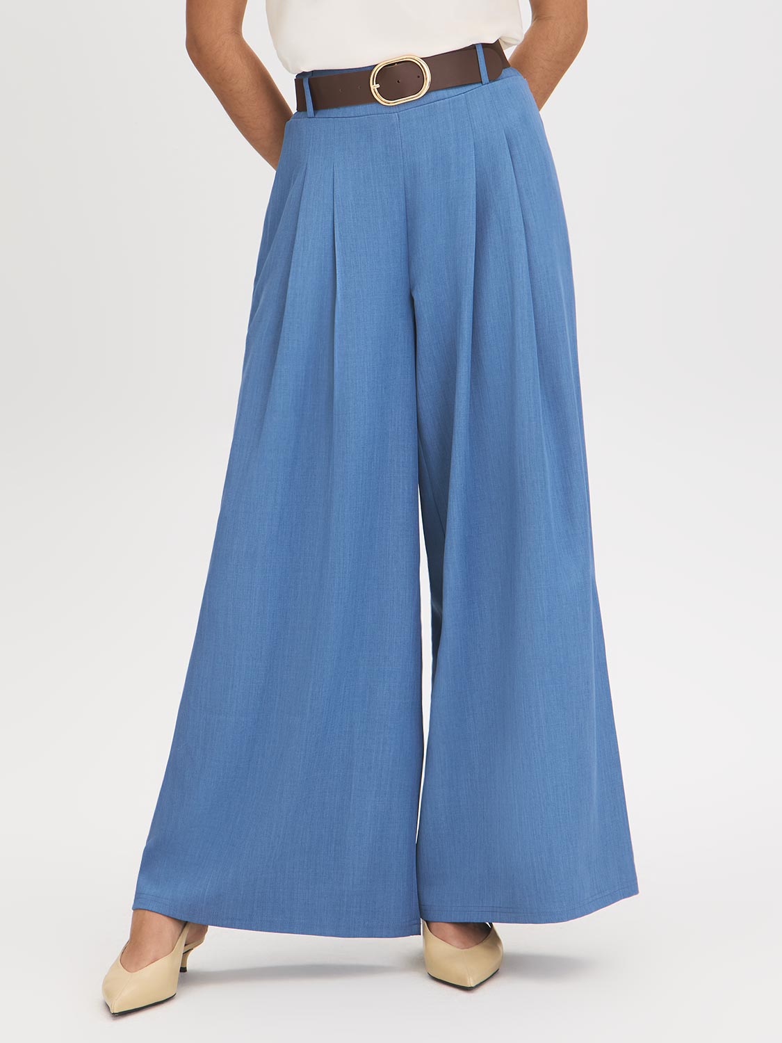Light Denim Blue Wide-Leg Pull-On Pant with Belt - Front View - Suzy Shier