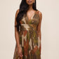 Gold/Rust Metallic Crinkle Knit V-Neck Gown - Woman Wearing Evening Dress with Front Slit - Le Chateau