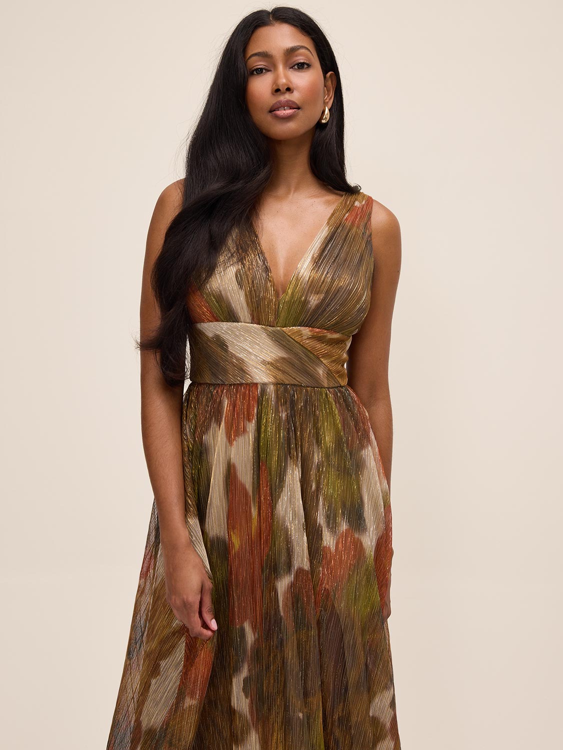 Gold/Rust Metallic Crinkle Knit V-Neck Gown - Woman Wearing Evening Dress with Front Slit - Le Chateau