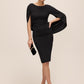 Black Boat Neck Sheath Dress with Back Cape - Woman Wearing Elegant Evening Dress - Le Chateau