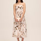 Brown/Antique Cream Leaf Print Strapless Midi Dress - Woman Wearing Pleated Strapless Dress - Le Chateau