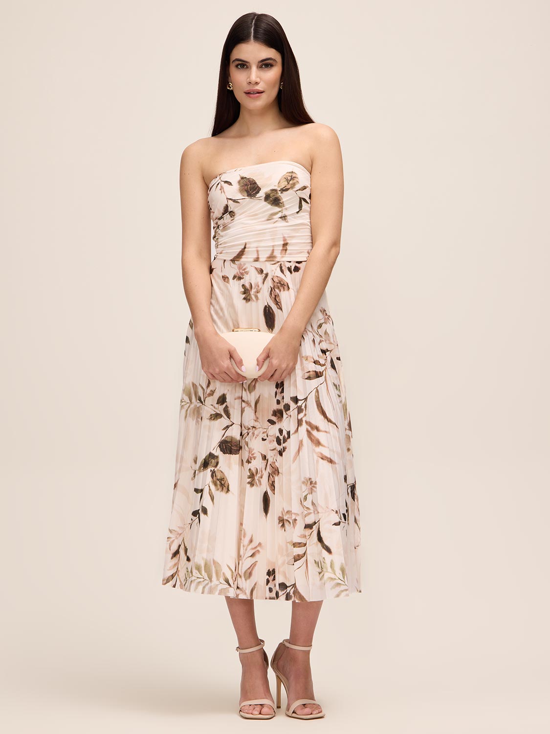 Brown/Antique Cream Leaf Print Strapless Midi Dress - Woman Wearing Pleated Strapless Dress - Le Chateau