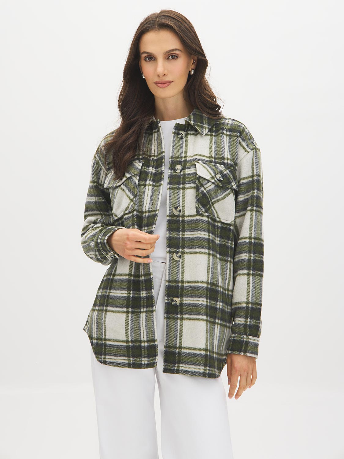 Khaki Plaid Shacket with Front Pockets - Woman Wearing Casual Layering Piece - Suzy Shier