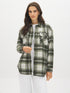 Khaki Plaid Shacket with Front Pockets - Woman Wearing Casual Layering Piece - Suzy Shier