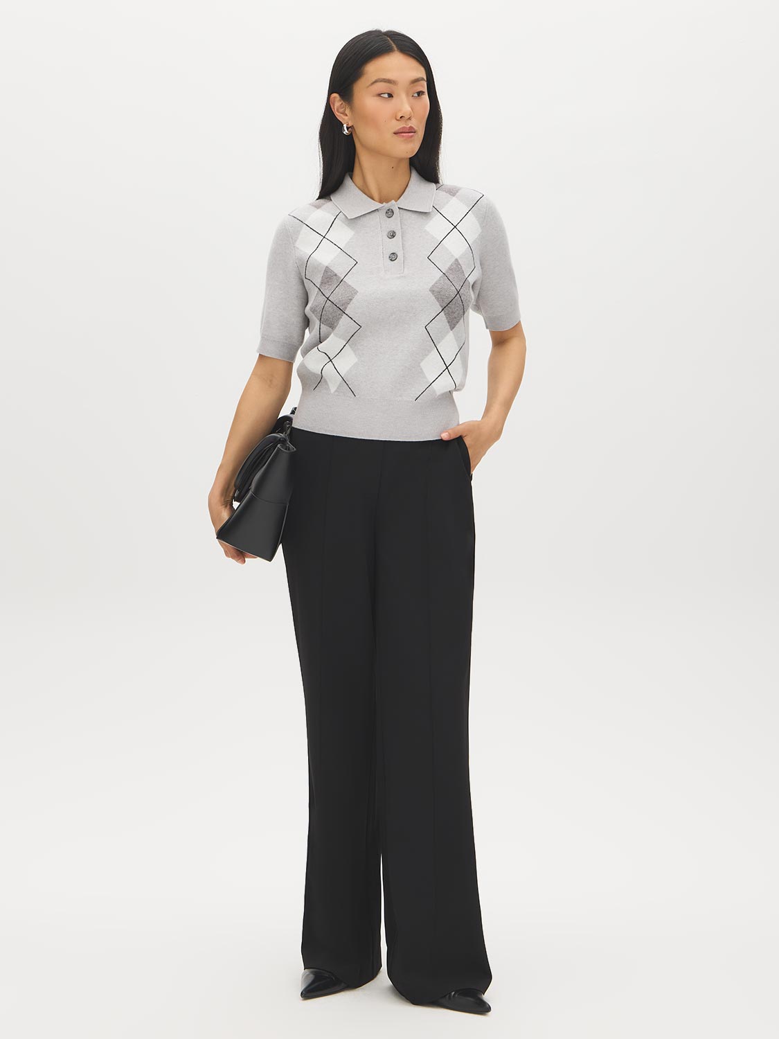 Mix Grey Argyle Jacquard Polo Sweater - Front View - Suzy Shier
