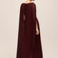 Bordeaux V-Neck Pleated Chiffon Gown - Back View with Cape - Le Chateau